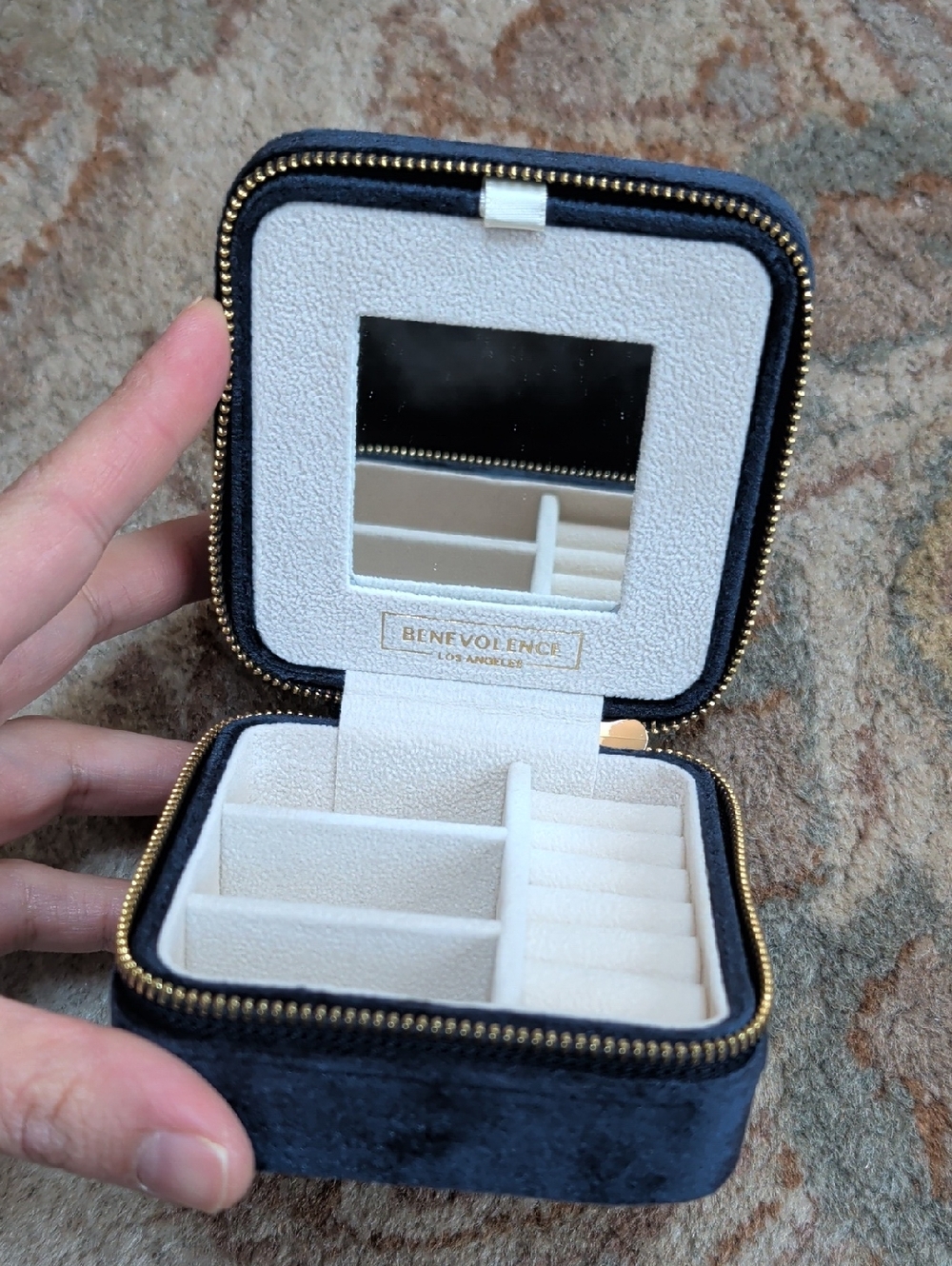 Benevolence Velvet Small Jewelry Box in Navy Blue and Cream